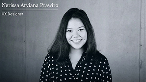 A black and white photo of Nerissa smiling. Her name is written in the top left of the image. Text reads: Nerissa Arvana Prawiro UX Designer.